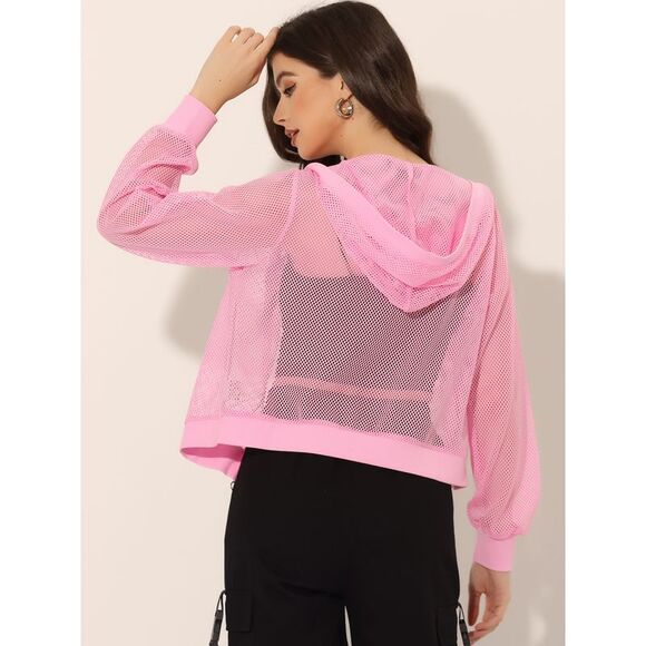 Hoodie Jacket Zip Up Long Sleeve Mesh Sheer Bomber Jackets Pink - Picture 3 of 5